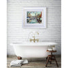 Artist Allan Stephens' 20 inch limited edition print of "St.Katharine Docks" hung on a collector’s bathroom wall.