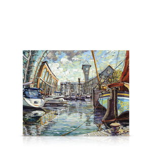 A signed, limited edition print of "St.Katharine Docks" by artist Allan Stephens, on a 30 inch box canvas.