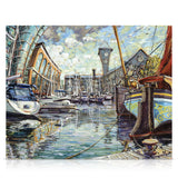 A signed, limited edition print of "St.Katharine Docks" by artist Allan Stephens, on a 40 inch box canvas.