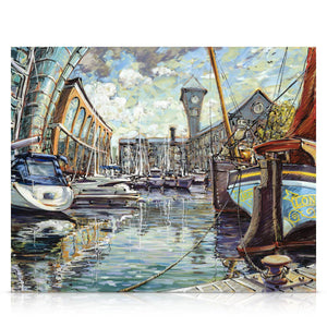 A signed, limited edition print of "St.Katharine Docks" by artist Allan Stephens, on a 40 inch box canvas.