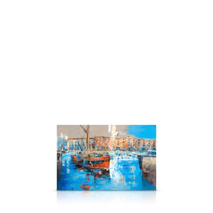 A signed, limited edition print of "Barges, St.Katharine Docks" by mixed media artist Ed Robinson, on a 20 inch box canvas.