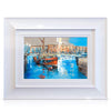 A signed, 20 inch limited edition print of "Barges, St.Katharine Docks" from mixed media artist Ed Robinson, in a white frame.