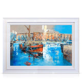 A signed, 40 inch limited edition print of "Barges, St.Katharine Docks" from mixed media artist Ed Robinson, in a white frame.