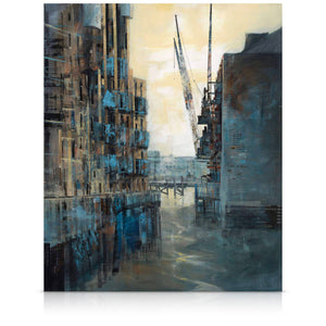A signed, limited edition print of "Spice & Type, Butler's Wharf" by mixed media artist Ed Robinson, on a 40 inch box canvas.