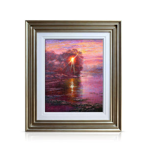 A painting of a moody, evocative view across cross a lake, with a low sun shining through the surrounding trees.  