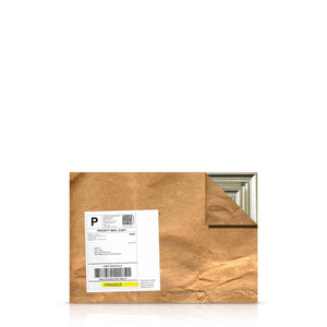 A sold Andrew Grant Kurtis painting, wrapped in brown paper ready for shipping, it's delivery label affixed to the front, waiting to be delivered to it's customer.