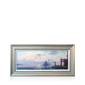 An original oil painting by artist Andrew Grant Kurtis featuring the view across the Venetian Lagoon towards Venice.