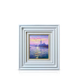 An oil on canvas painting of Venice, featuring a low sun, hazy skies and sunlight sparkling on the grand canal.