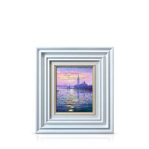 An oil on canvas painting of Venice, featuring a low sun, hazy skies and sunlight sparkling on the grand canal.