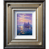 A closer view of Andrew's Venice painting. A low sun dips behind the Basilica di Santa Maria della Salute, it's golden light sparkling across the grand canal.