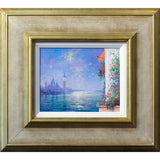 A better look at Andrew's Venice painting. A shabby-chic off-gold frame sits around a bright, hopeful view of Venice from across the lagoon.