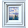 A closer view of the same painting, water stretching towards the horizon where it meets the distant, misty mountains. 