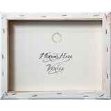 The reverse of Andrew's canvas. The artist's hand-written title and stamp of authenticity sit proudly in the middle of the canvas.