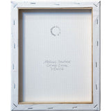 The rear of Andrew's canvas; the mark of his artist's stamp and hand-written title denoting this artwork's authenticity.