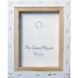 The rear of Andrew's canvas; raw, unprimed canvas, stapled onto stretchers bars, featuring Andrew's signature stamp and hand-written artwork title.