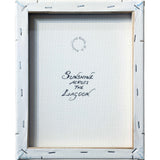 The reverse side of Andrew's canvas. Andrew has hand written his painting's title directly onto the canvas in flourishing cursive. 
