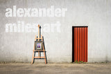 Andrew's framed painting of Tower Bridge displayed outside on a gallery-style easel in the carpark behind our East London framing studio. 