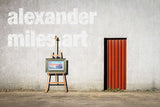 Andrew's framed painting displayed outside on an easel, behind out East london workshop.