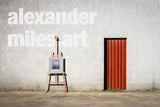 Andrew's painting displayed outdoors in bright sunlight, on an easel, against the wall of our framing workshop.