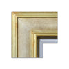 A detailed look at the frame supplied with this painting. A wide, distressed, off-gold facing with a simple white inner trim.