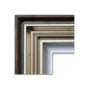 A better view of the frame supplied with this artwork. A warm, elegant, off-gold bevelled outer frame with a distressed black trim along it's outer edge, surrounds a small, white, wooden inner frame. 