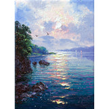 Close-up detail of Andrew's painting. Loosely painted, Andrew's brushstrokes hint at a calm and tranquil landscape.