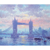 Close-up of the artwork. Andrew has painted Tower Bridge in silhouette against a cloudy, atmospheric sky. The sun barely breaks through the clouds; it's light reflected on the River Thames. The dome of St. Paul's Cathedral can be seen in the distance.