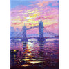 Close-up detail of Andrew's Tower Bridge painting. Tower Bridge is seen in moody silhouette, a sunrise behind it breaking through the clouds, and the reflections of a new dawn sparkling across the River Thames in the foreground.