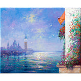 A close-up view of Andrew's canvas. A private residence with a small awning and balcony is covered in bright, wild-growing flowers. It looks across the sparkling waters of the lagoon towards the Campanile di Sand Marco and Santa María della Salute.