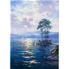 A detailed view fo Andrews painting. Blue skies and clear waters exemplify the still calm of Derwentwater.