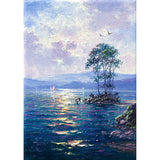 A detailed view fo Andrews painting. Blue skies and clear waters exemplify the still calm of Derwentwater.