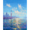 A close-up of Andrew's painting. The Santa María della Salute and Campanile di San Marco sit prominently on the horizon, elevated by bright blue skies and sunlight dancing across the lagoon.