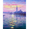 The Palladian church and famous landmarks of San Giorgio Maggiore set against a burning sky, surrounded by sparkling waters.