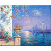 A close-up of Andrew's canvas. He has painted Venice in spring; in the foreground, flowers bloom on a veranda looking across the lagoon towards an iconic Venice skyline in the distance.