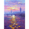 A close-up view of Andrew's canvas. Impressionist dots of light and colour coalesce to create an atmospheric, impressionist view of Parliament and Westminster Bridge as seen from across the River Thames.