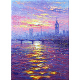 A close-up view of Andrew's canvas. Impressionist dots of light and colour coalesce to create an atmospheric, impressionist view of Parliament and Westminster Bridge as seen from across the River Thames.